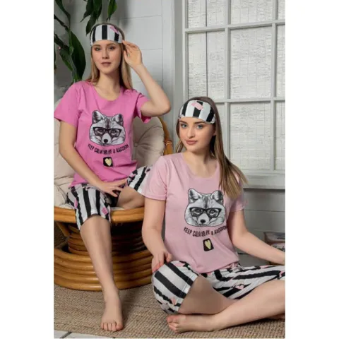Pijama damă, cu mânecă scurtă  și pantaloni 3/4 din bumbac, imprimeu lup, roz deschis