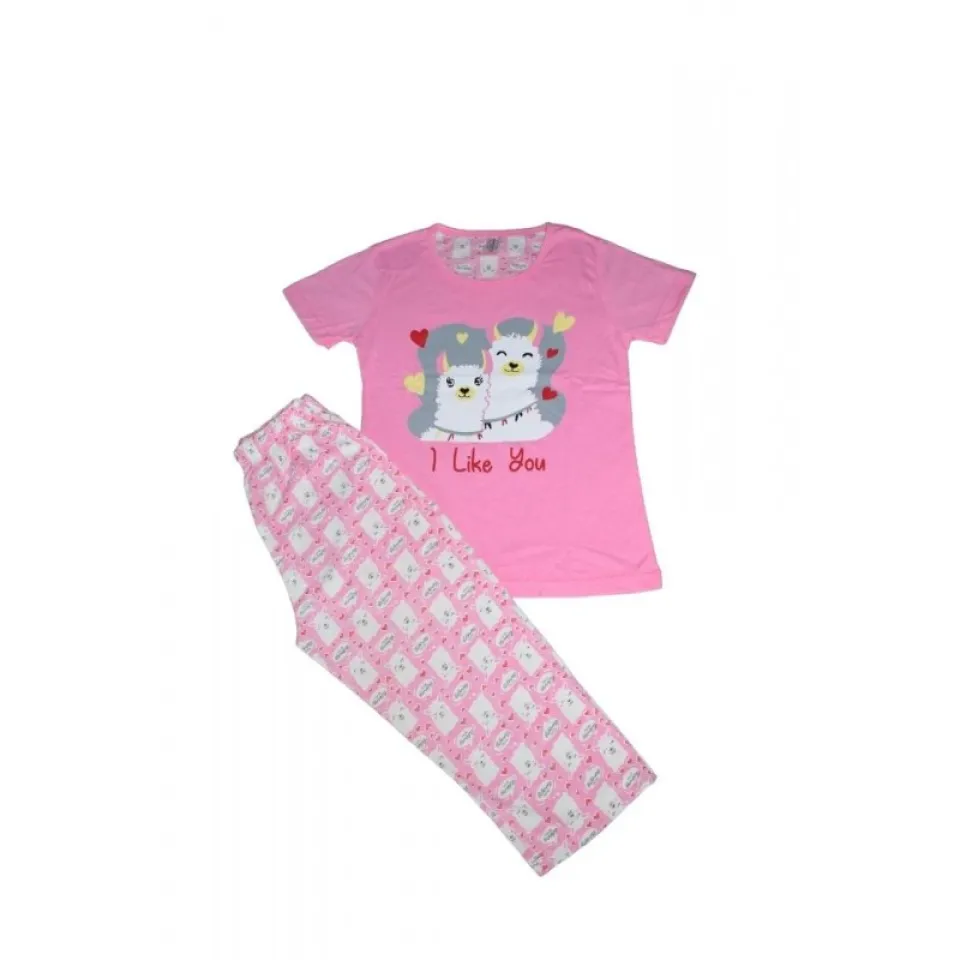 Pijama damă, cu mânecă scurtă  și pantaloni lungi, imprimeu I Like You, roz