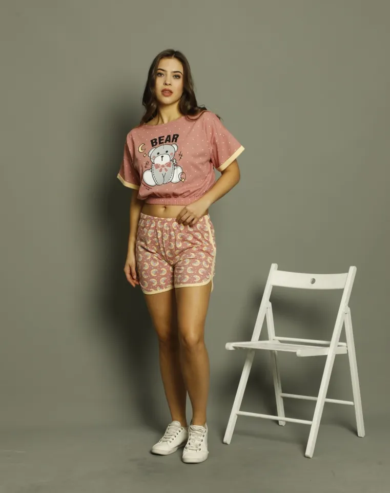 Pijama damă, cu mânecă scurtă  și pantaloni scurti din bumbac, imprimeu Bear