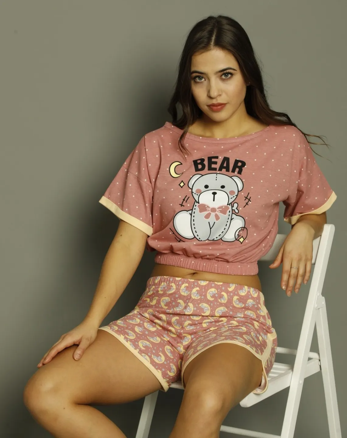 Pijama damă, cu mânecă scurtă  și pantaloni scurti din bumbac, imprimeu Bear - 3