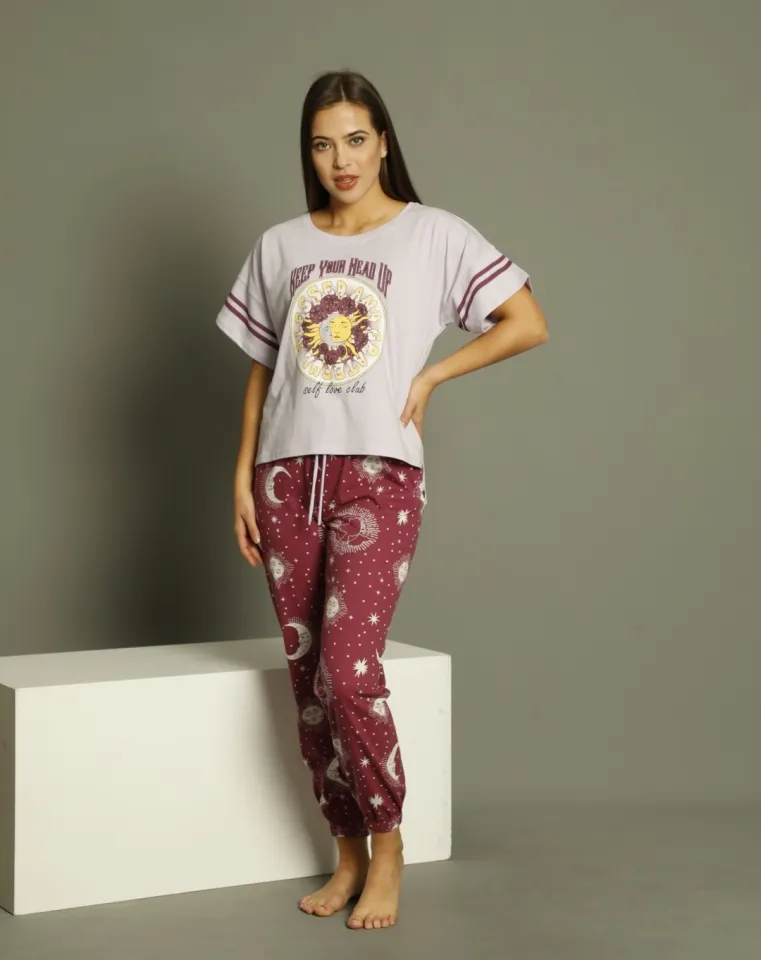 Pijama damă, cu mânecă scurtă  și pantaloni lungi din bumbac, imprimeu Blessed And Grateful