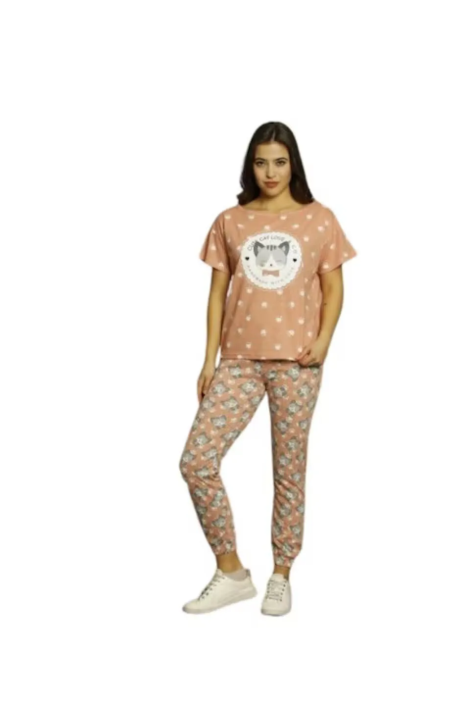 Pijama damă, cu mânecă scurtă  și pantaloni lungi din bumbac, imprimeu Cute Cat Love - 1