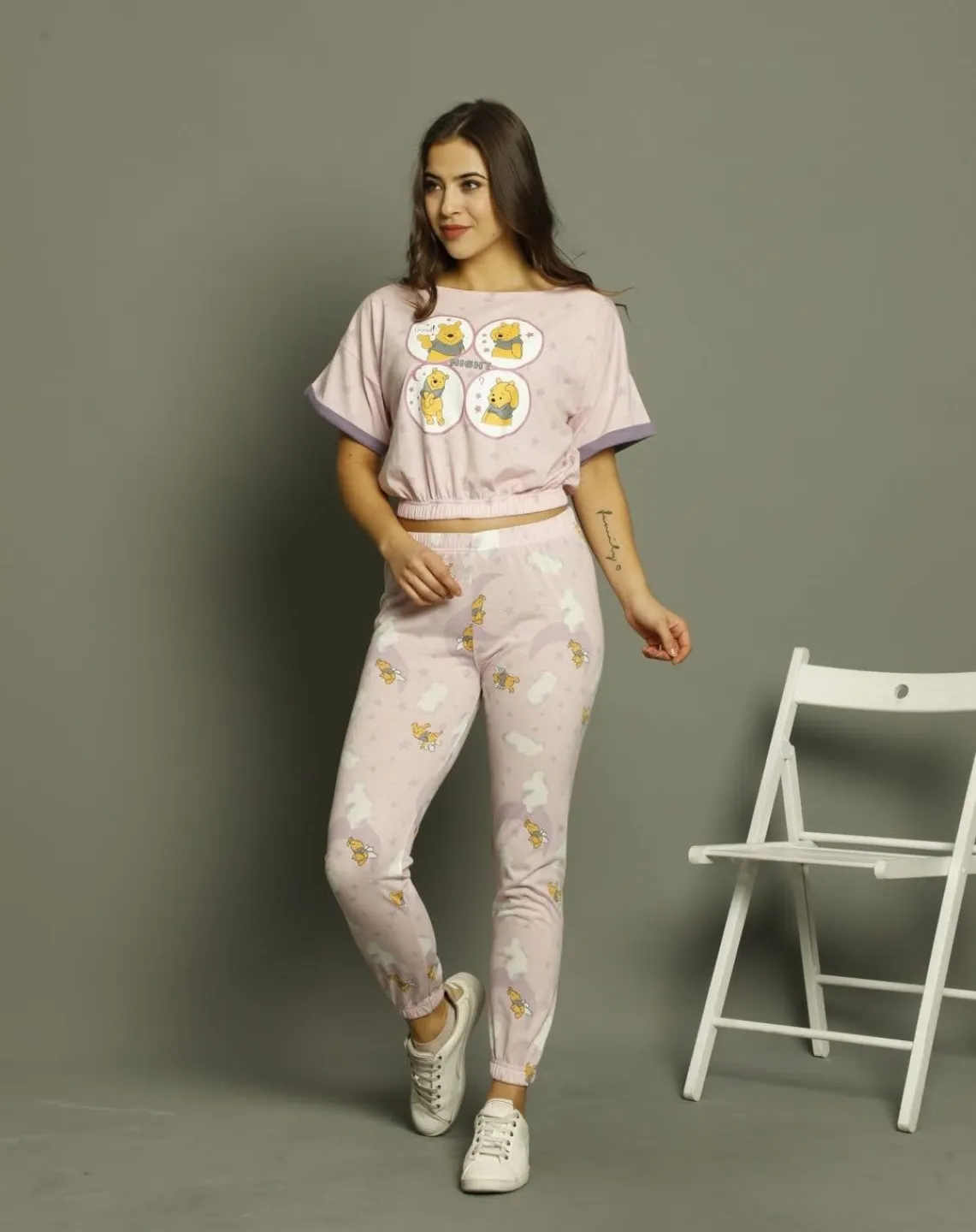 Pijama damă, cu mânecă scurtă  și pantaloni lungi din bumbac, imprimeu Good Night - 3