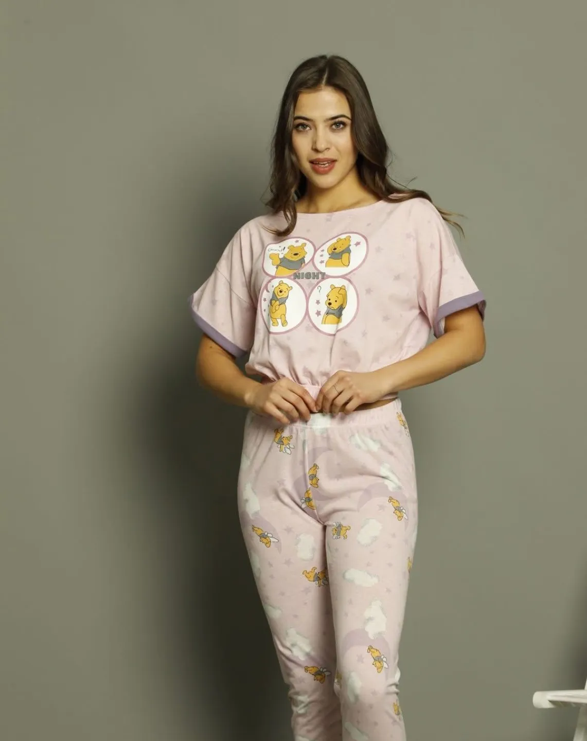 Pijama damă, cu mânecă scurtă  și pantaloni lungi din bumbac, imprimeu Good Night - 1