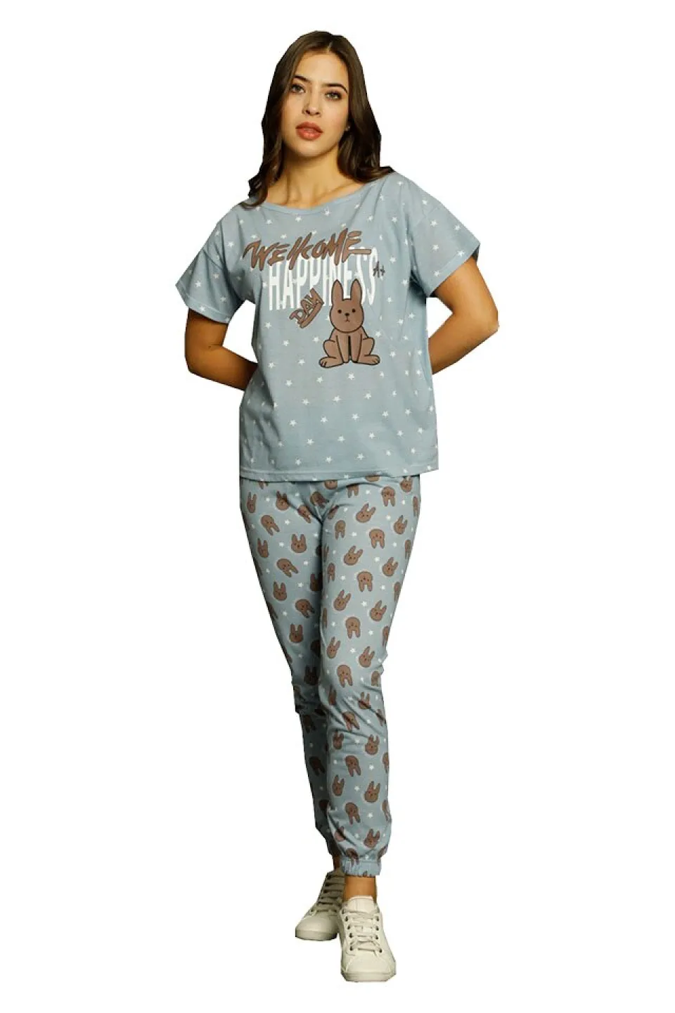 Pijama damă, cu mânecă scurtă  și pantaloni lungi din bumbac, imprimeu Hapiness - 1