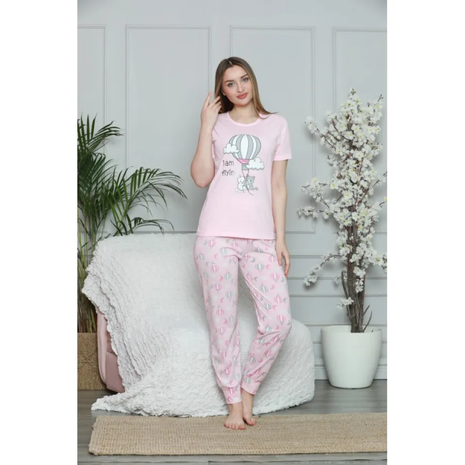 Pijama damă, cu mânecă scurtă  și pantaloni lungi din bumbac, imprimeu I'm Flying, roz