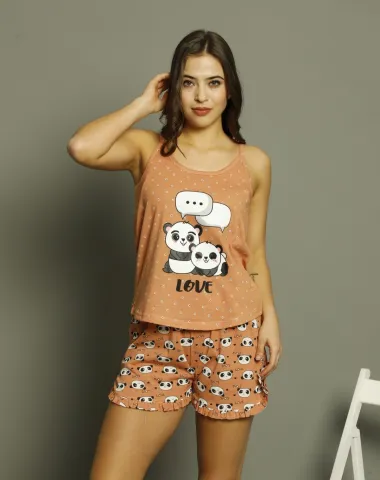 Pijama damă, cu mânecă scurtă  și pantaloni scurti din bumbac, imprimeu LOVE hover