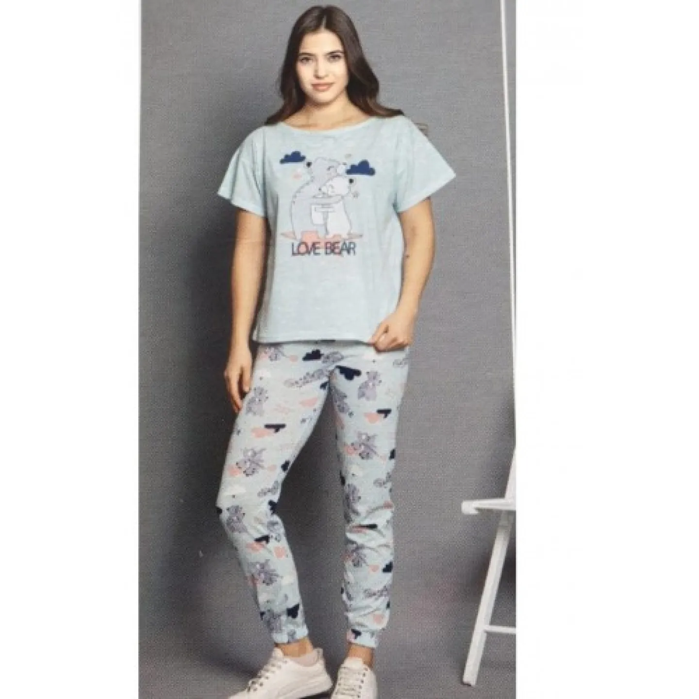 Pijama damă, cu mânecă scurtă  și pantaloni lungi din bumbac, imprimeu ,,Love Bear'' - 1