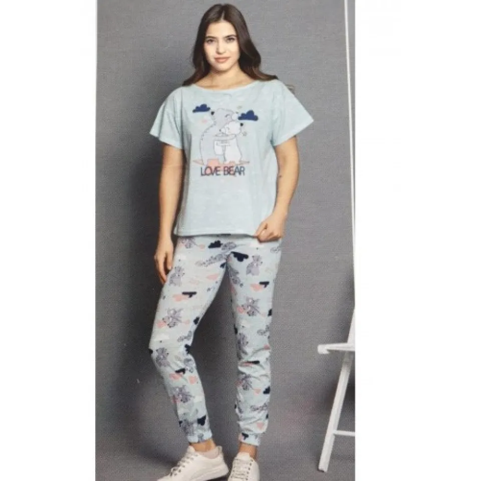 Pijama damă, cu mânecă scurtă  și pantaloni lungi din bumbac, imprimeu ,,Love Bear''