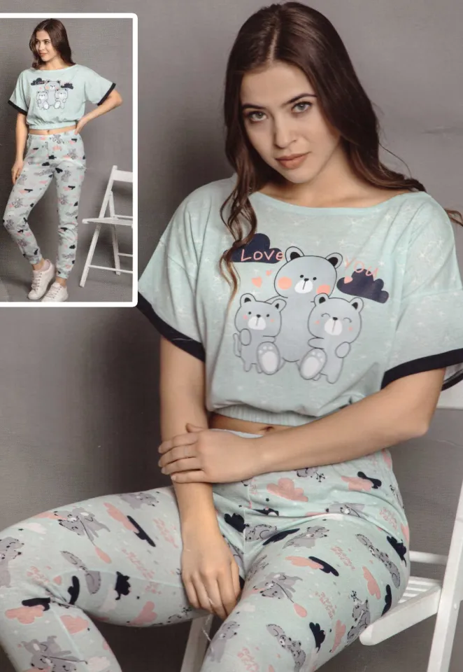 Pijama damă, cu mânecă scurtă  și pantaloni lungi din bumbac, imprimeu ,,Love You''