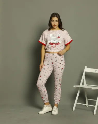 Pijama damă, cu mânecă scurtă  și pantaloni lungi din bumbac, imprimeu Rabbit Love