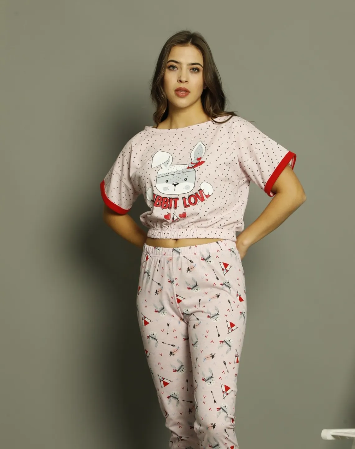 Pijama damă, cu mânecă scurtă  și pantaloni lungi din bumbac, imprimeu Rabbit Love - 2