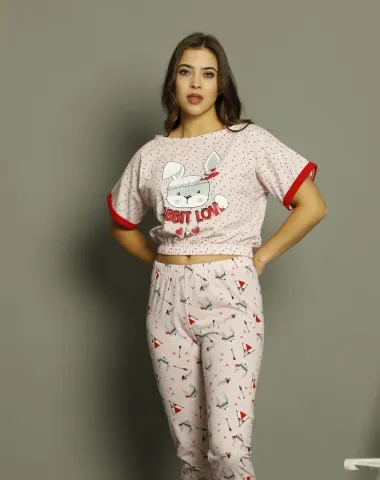 Pijama damă, cu mânecă scurtă  și pantaloni lungi din bumbac, imprimeu Rabbit Love hover