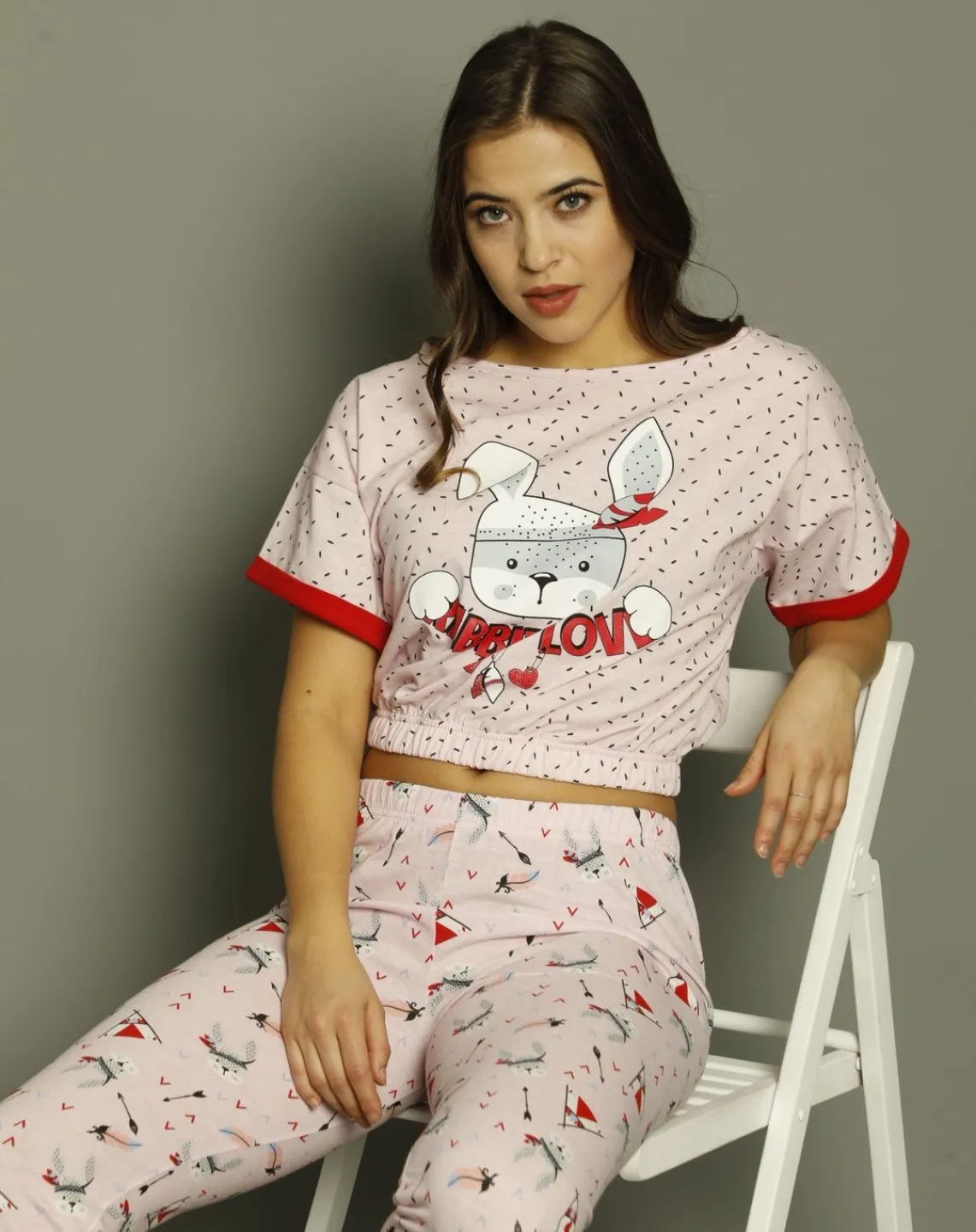 Pijama damă, cu mânecă scurtă  și pantaloni lungi din bumbac, imprimeu Rabbit Love - 3