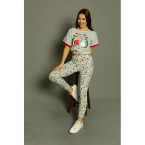 Pijama damă, cu mânecă scurtă  și pantaloni lungi din bumbac, imprimeu ,,You Complete Me''