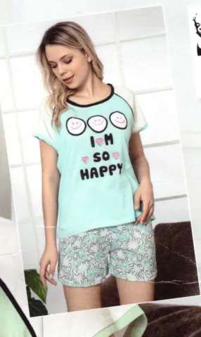 Pijama damă, cu mânecă scurtă  și pantaloni scurti din bumbac, imprimeu I'm So Happy, blue