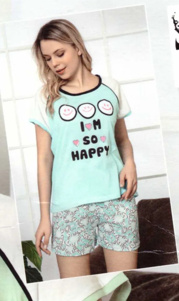 Pijama damă, cu mânecă scurtă  și pantaloni scurti din bumbac, imprimeu I'm So Happy, blue