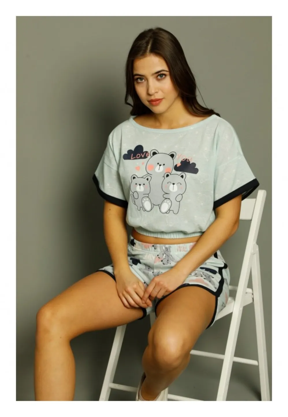 Pijama damă, cu mânecă scurtă  și pantaloni scurti din bumbac, imprimeu ,,Love You'' - 2