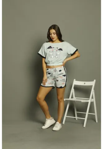 Pijama damă, cu mânecă scurtă  și pantaloni scurti din bumbac, imprimeu ,,Love You''