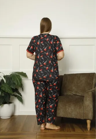 Pijamale damă Big Size, mânecă scurtă, pantaloni lungi, culoare negru, imprimeu floral hover