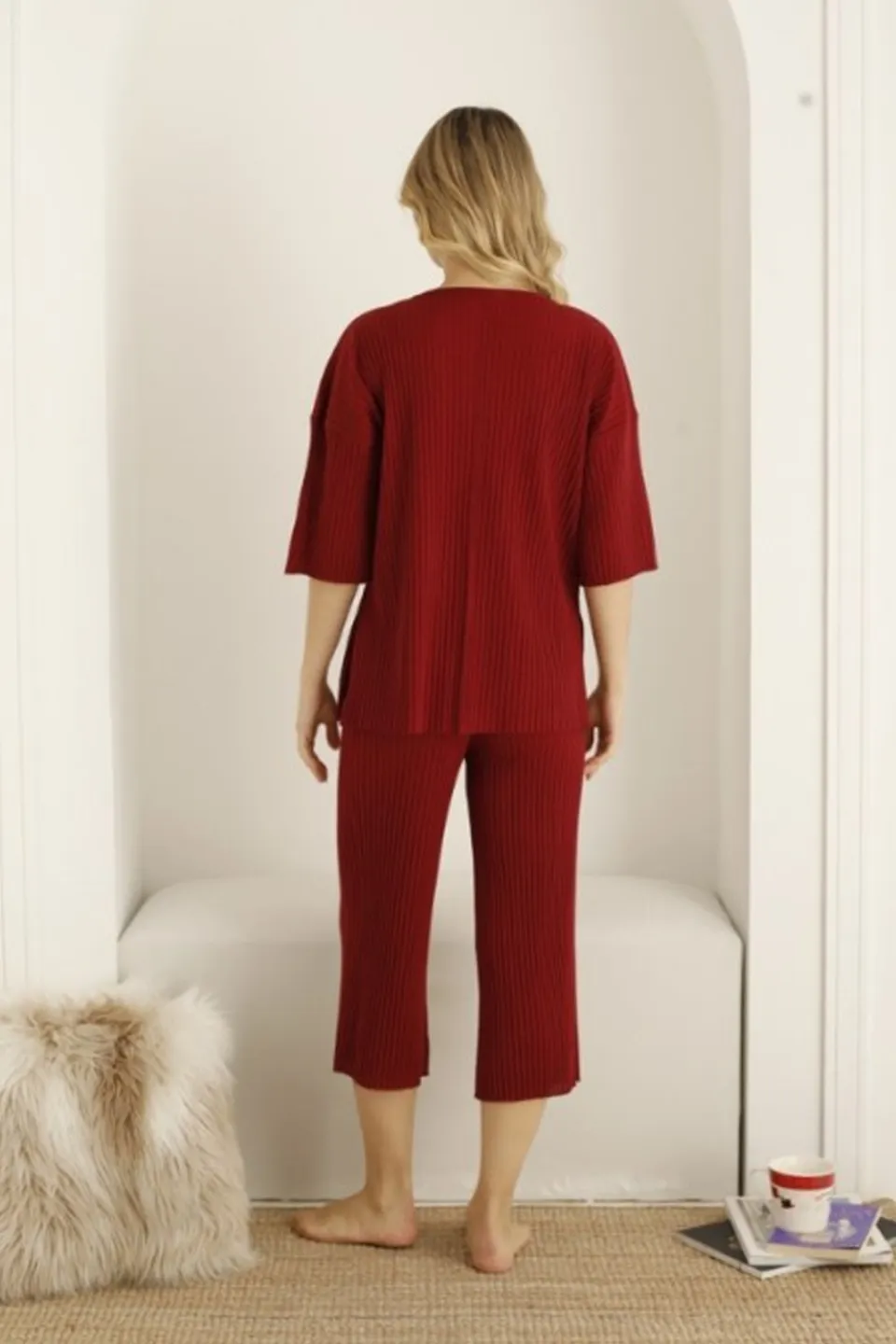 Pijama damă, culoare bordo, imprimeu floare - 3