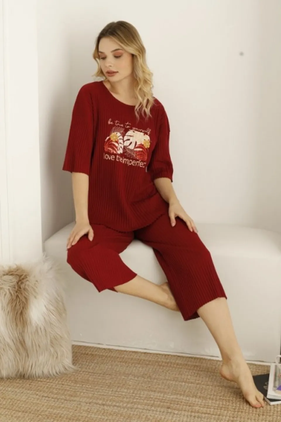 Pijama damă, culoare bordo, imprimeu Imperfect - 2