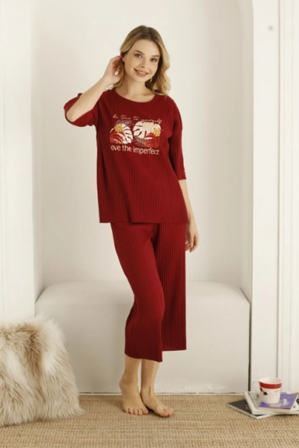 Pijama damă, culoare bordo, imprimeu Imperfect - 1