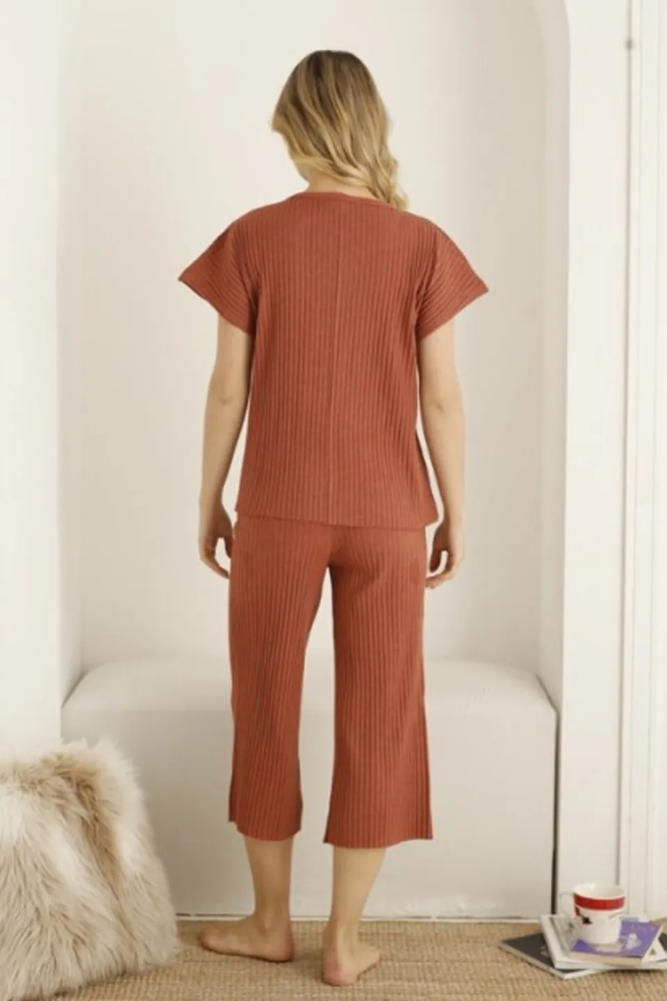 Pijama damă, culoare cărămiziu, imprimeu fluture - 3