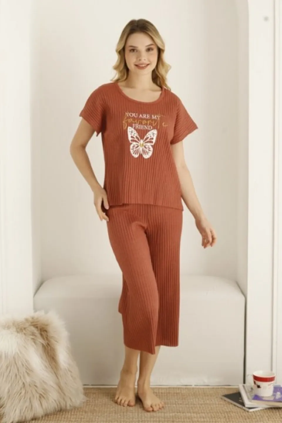 Pijama damă, culoare cărămiziu, imprimeu fluture - 1