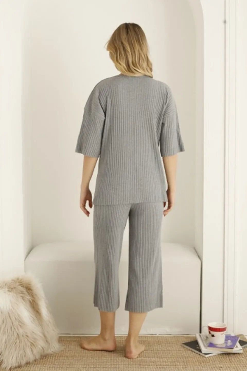 Pijama damă, culoare gri deschis, imprimeu Anything - 3