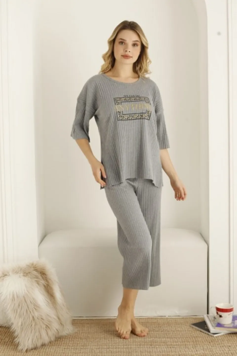Pijama damă, culoare gri deschis, imprimeu Anything - 1