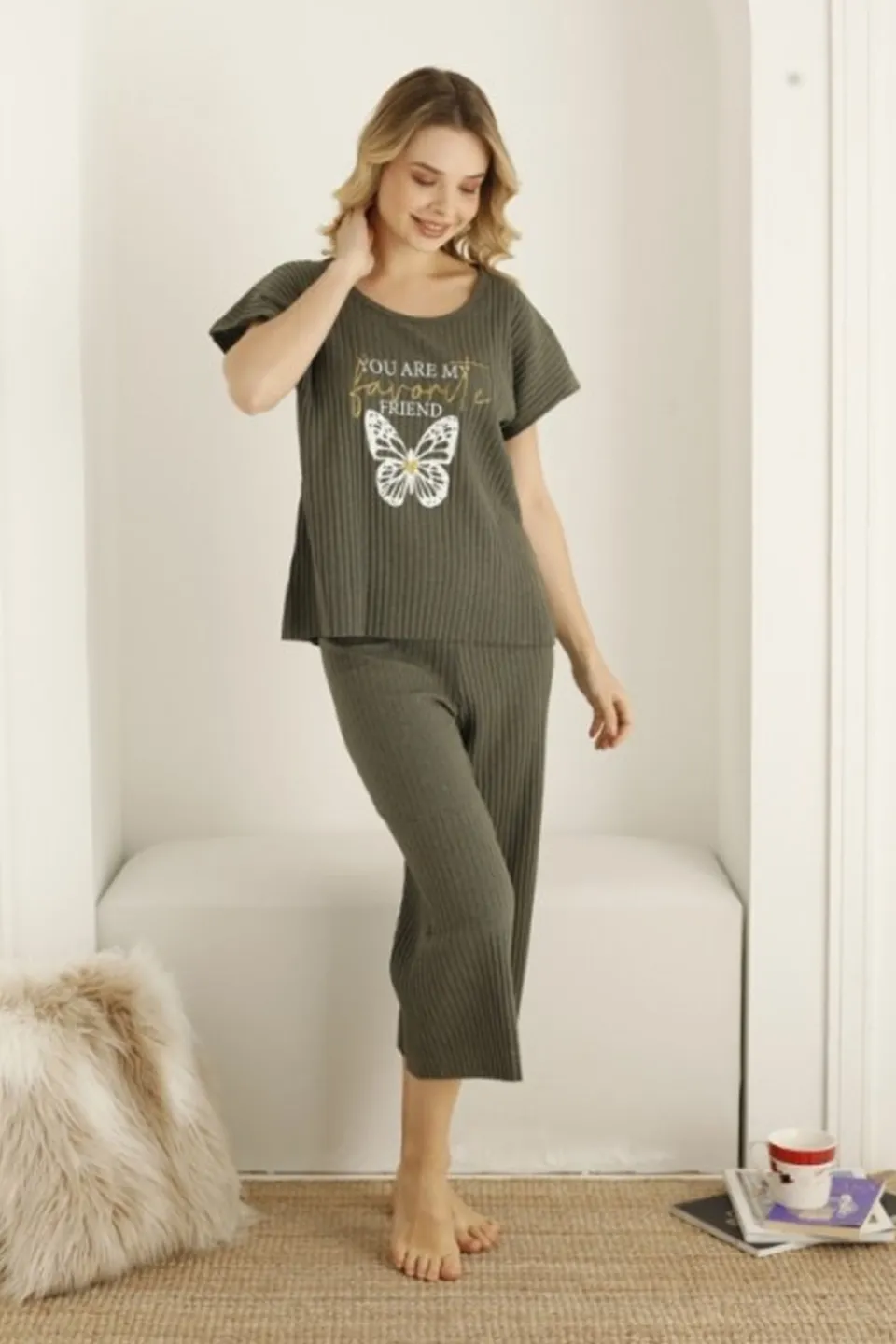 Pijama damă, culoare gri închis, imprimeu fluture - 1