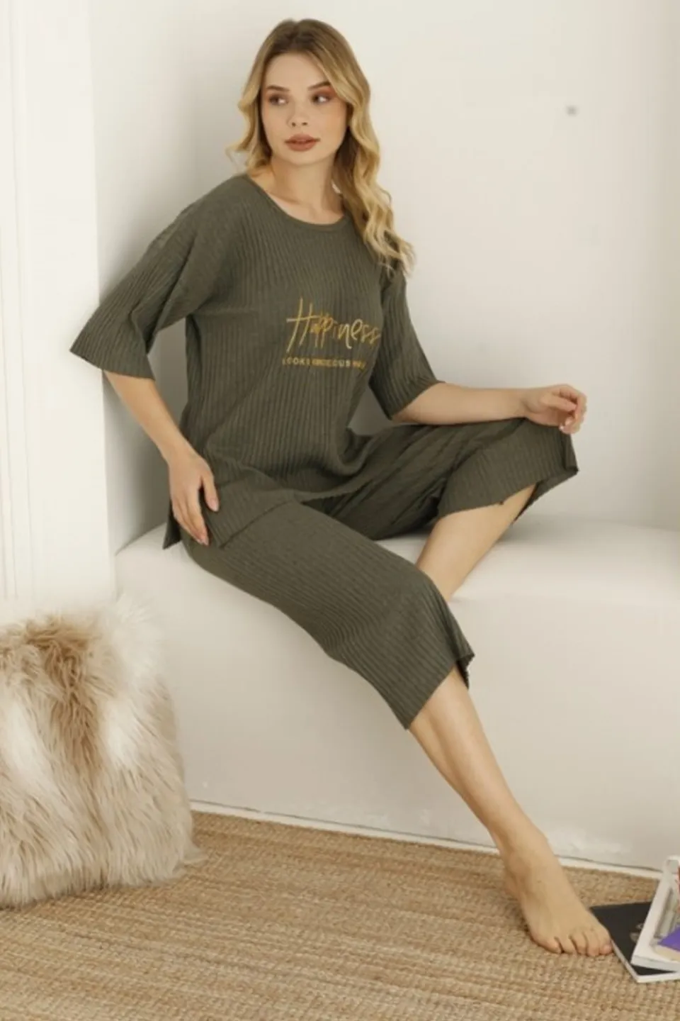 Pijama damă, culoare kaki, imprimeu Happiness - 2