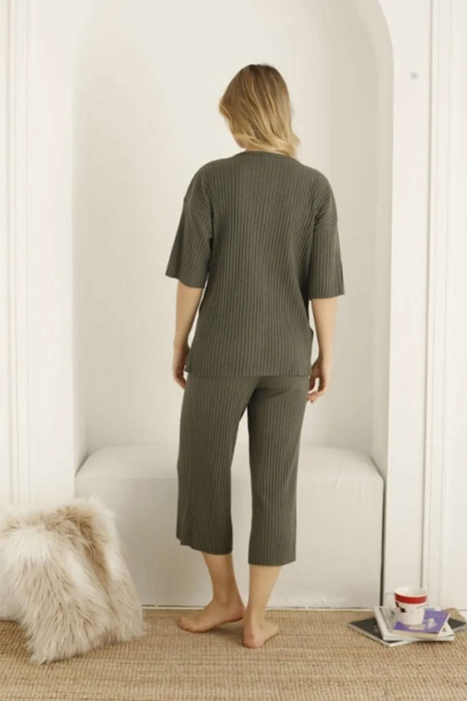 Pijama damă, culoare kaki, imprimeu Happiness - 3