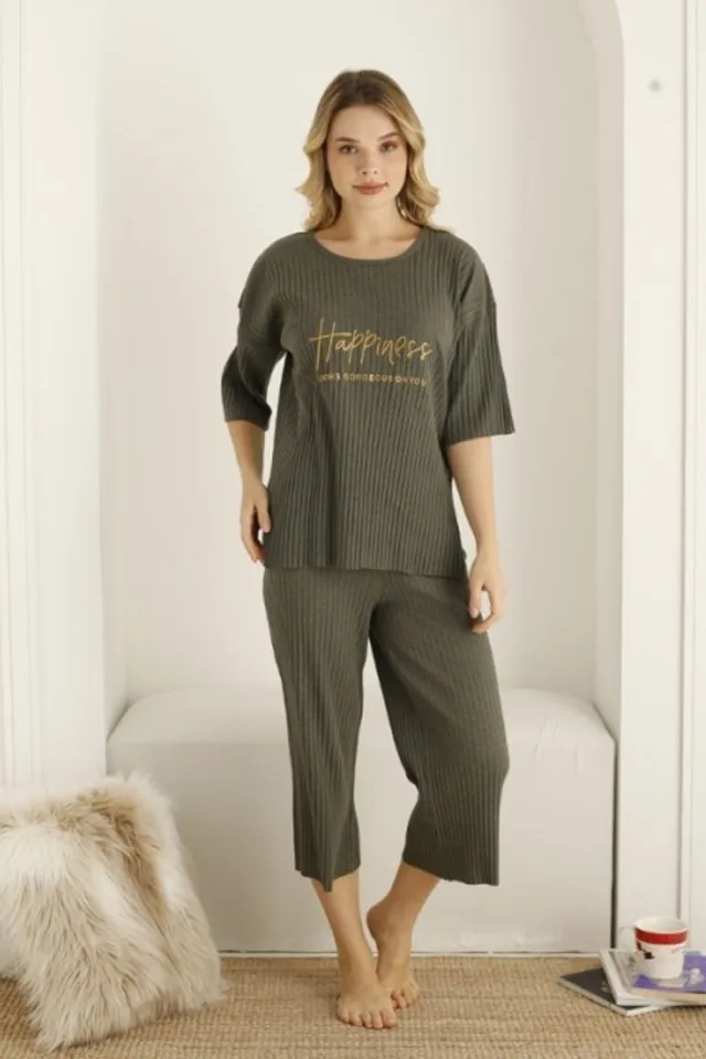 Pijama damă, culoare kaki, imprimeu Happiness