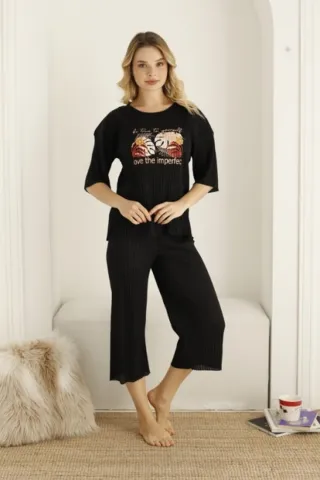 Pijama damă, culoare negru, imprimeu Imperfect
