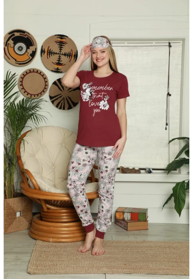 Pijama dama din bumbac -2 piese, maneca scurta si pantaloni lungi, masca de cadou asortata, bordo