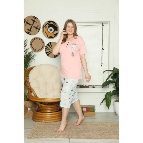 Pijama dama din bumbac, colecția primăvară, tricou cu nasturi și pantaloni 3/4, imprimeu stea