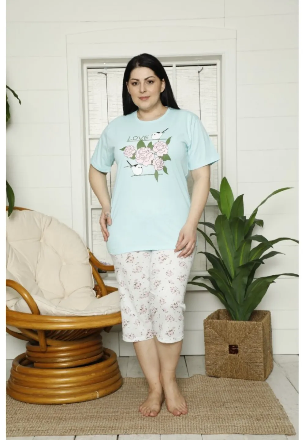 Pijama dama din bumbac Big Size cu imprimeu Love, tricou si pantaloni 3/4, blue - 1