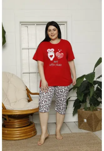 Pijama dama din bumbac cu imprimeu ,,More Coffee, Please'', tricou si pantaloni 3/4, rosu hover
