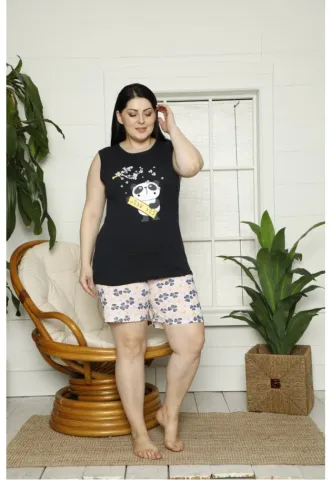 Pijama dama din bumbac Big Size cu imprimeu panda, maiou si pantaloni scurti, negru hover
