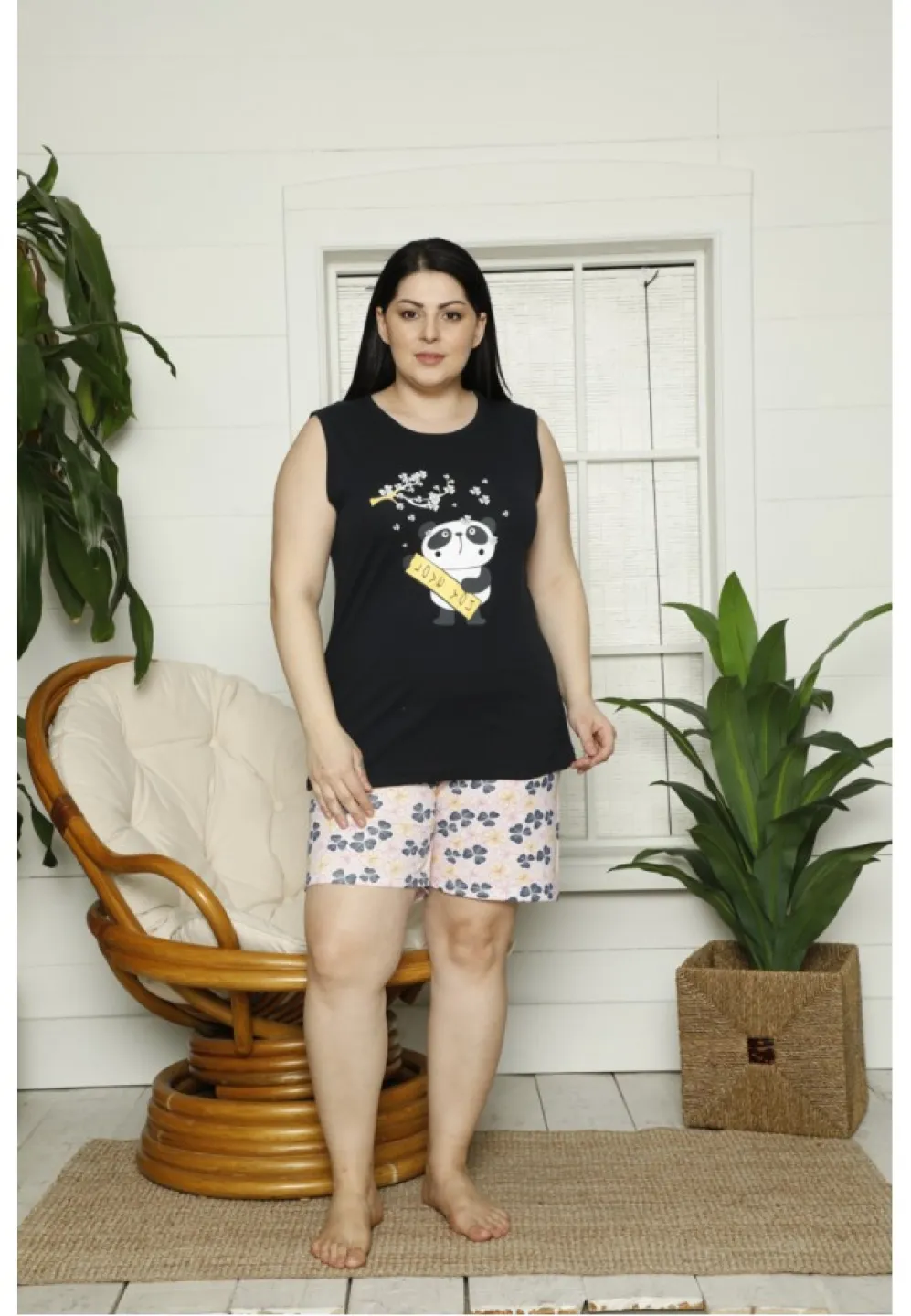 Pijama dama din bumbac Big Size cu imprimeu panda, maiou si pantaloni scurti, negru - 1