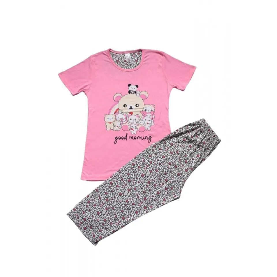 Pijama dama din bumbac, colecția nouă, tricou roz inchis cu imprimeu „Good morning” și pantaloni 3/4 asortați