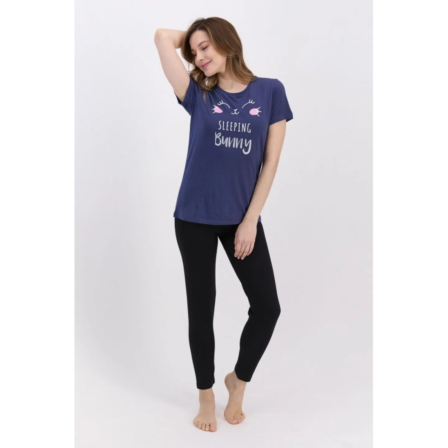 Pijama damă din bumbac cu bluză cu mânecă scurtă și pantaloni lungi. imprimeu Sleeping Bunny, albastru - 2