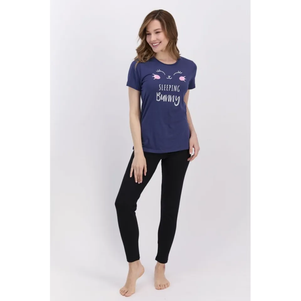 Pijama damă din bumbac cu bluză cu mânecă scurtă și pantaloni lungi. imprimeu Sleeping Bunny, albastru