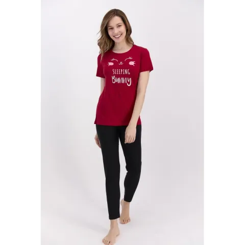 Pijama damă din bumbac cu bluză cu mânecă scurtă și pantaloni lungi. imprimeu Sleeping Bunny, rosu