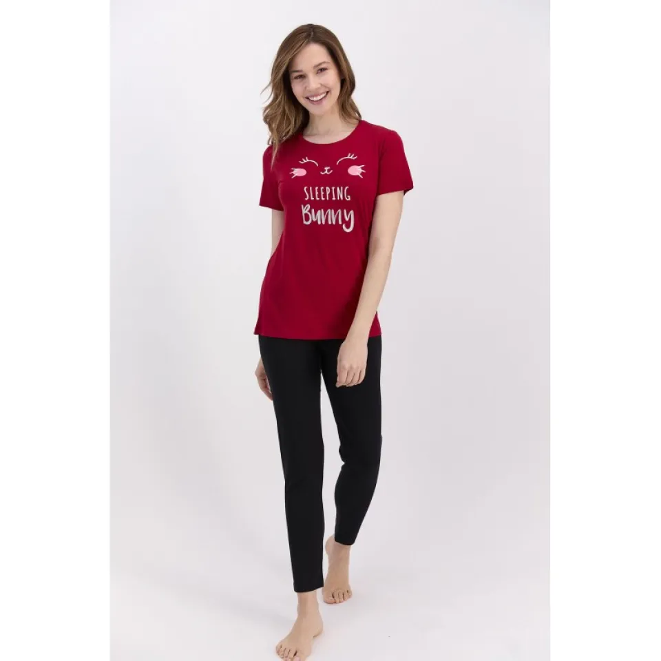 Pijama damă din bumbac cu bluză cu mânecă scurtă și pantaloni lungi. imprimeu Sleeping Bunny, rosu