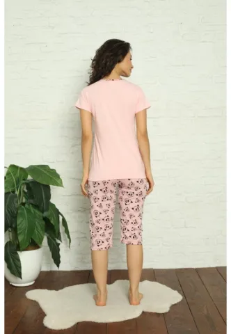 Pijama dama din bumbac cu imprimeu "Don’t forget to smile", maneca scurta si pantaloni 3/4, roz deschis hover