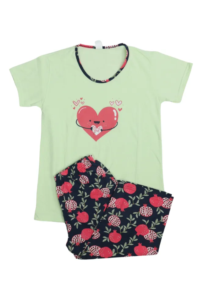 Pijama dama din bumbac cu imprimeu "Inima", maneca scurta si pantaloni 3/4, verde