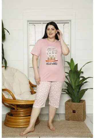 Pijama dama big size din bumbac, tricou roz cu imprimeu „Hello World” și pantaloni 3/4 asortați